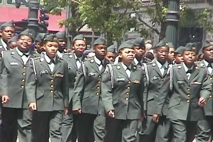 [Pupils wear 'warrior wannabe' uniforms and learn to march. Photo: Steve Dalber for Labor Beat.]